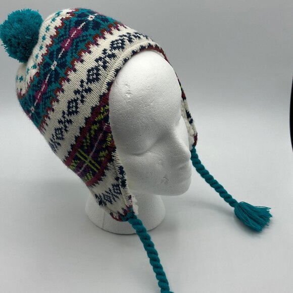 Lands' End Kids' Fleece Lined Winter Ear Flap Fair Isle Hat with Pom Pom - Picture 8 of 8